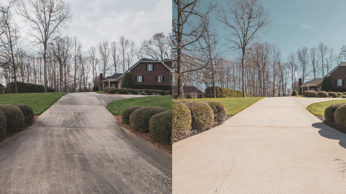 Driveway pressure washing before and after